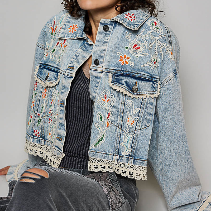 Floral Embroidered Cropped Denim Jacket