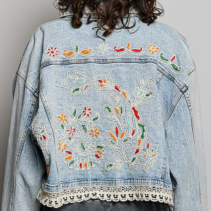 Floral Embroidered Cropped Denim Jacket