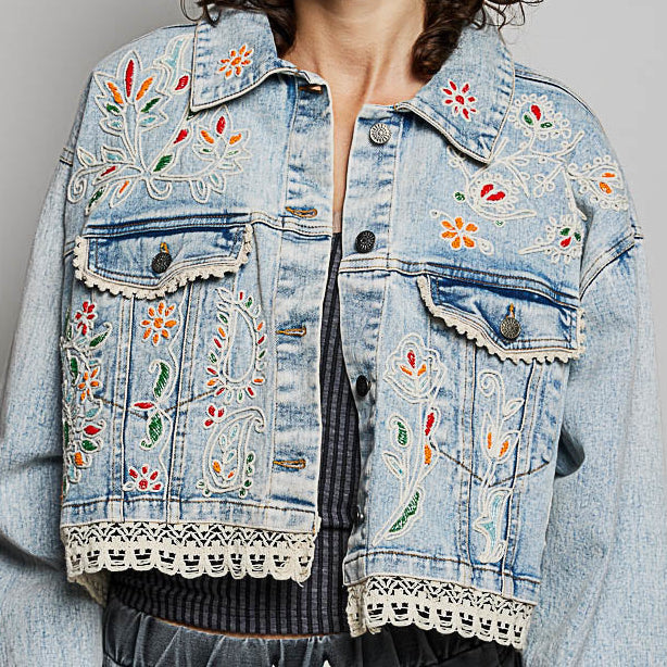 Floral Embroidered Cropped Denim Jacket
