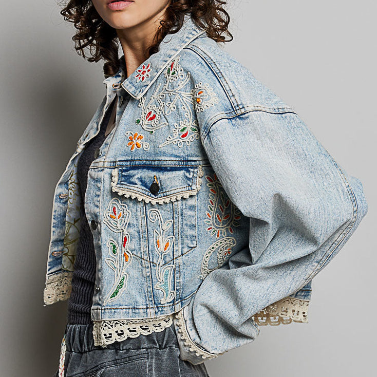 Floral Embroidered Cropped Denim Jacket