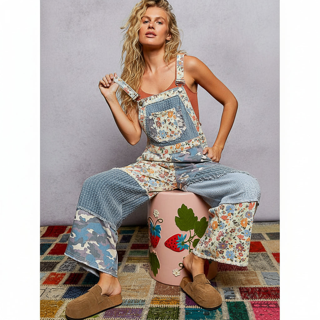 Floral Animal Print Twill Crochet Patch Overalls