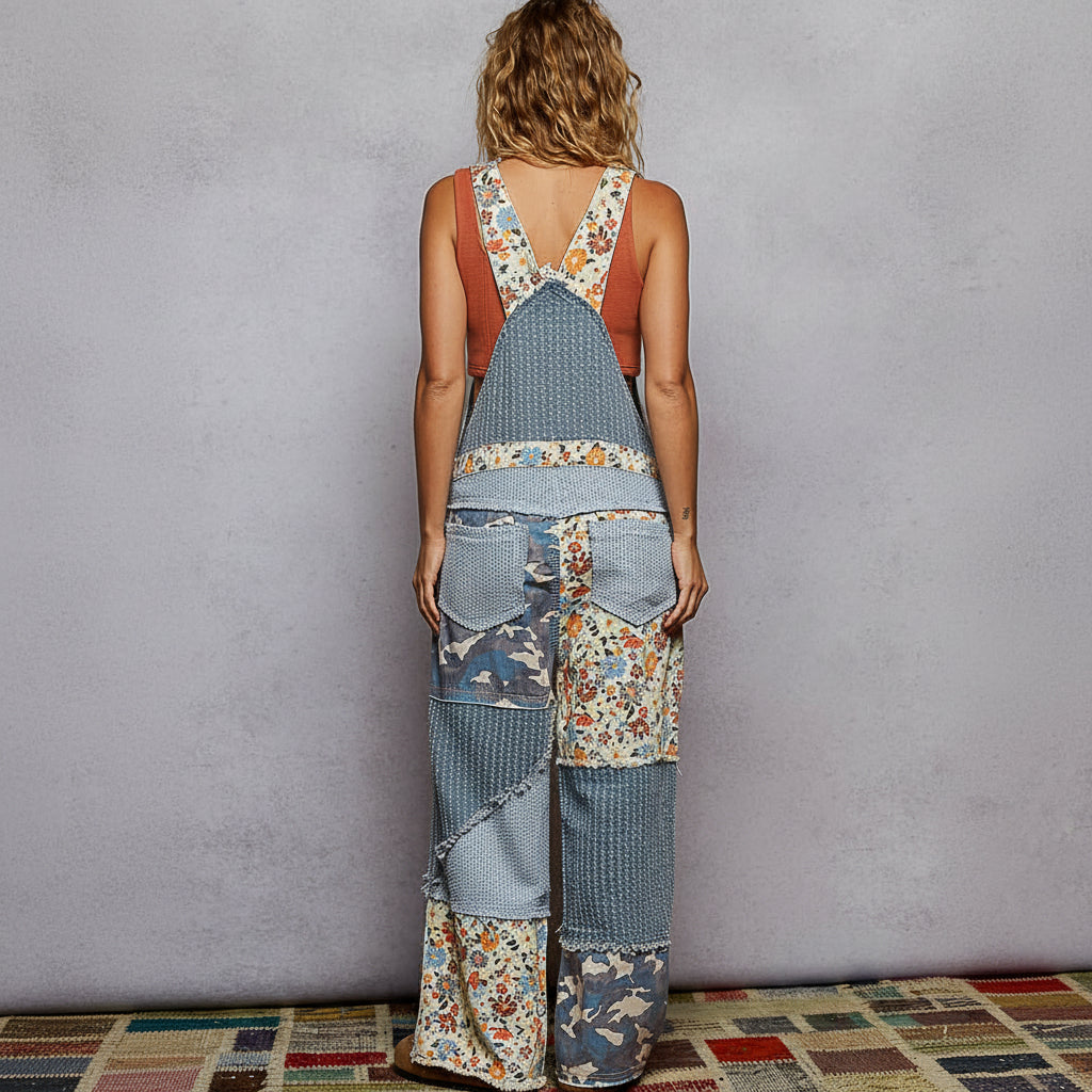 Floral Animal Print Twill Crochet Patch Overalls