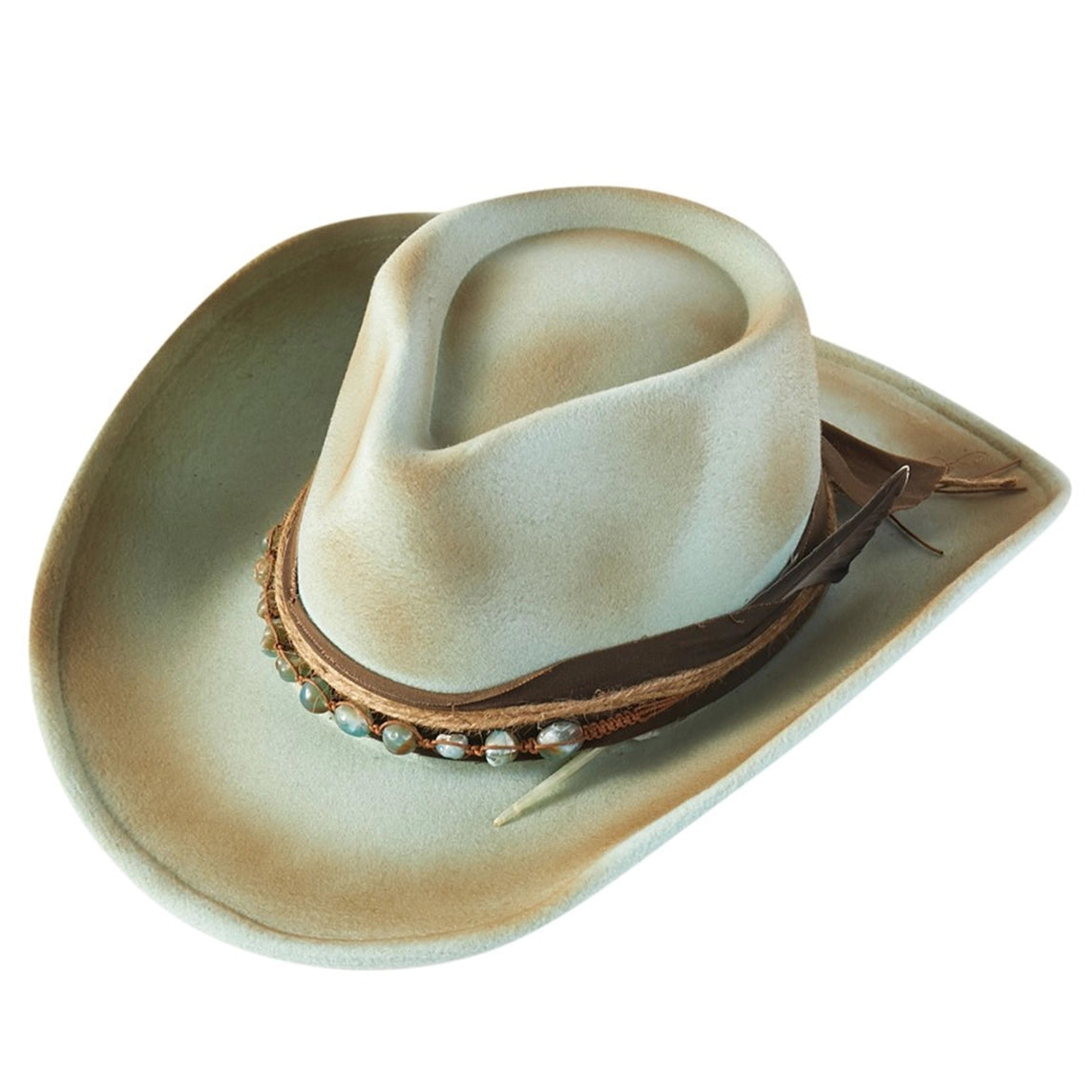 Bead And Feather Rustic Style Cowgirl Fedora Hat with Distressed Fabric