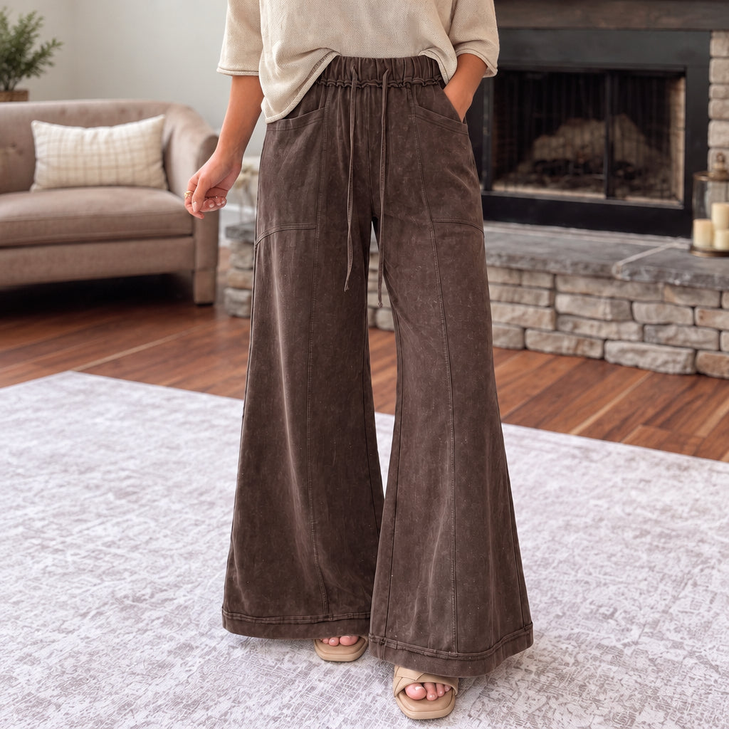Mineral Wash Seam Detail Flare Leg Drawstring Pants