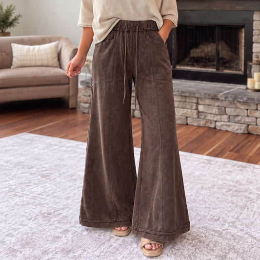 Mineral Wash Seam Detail Flare Leg Drawstring Pants