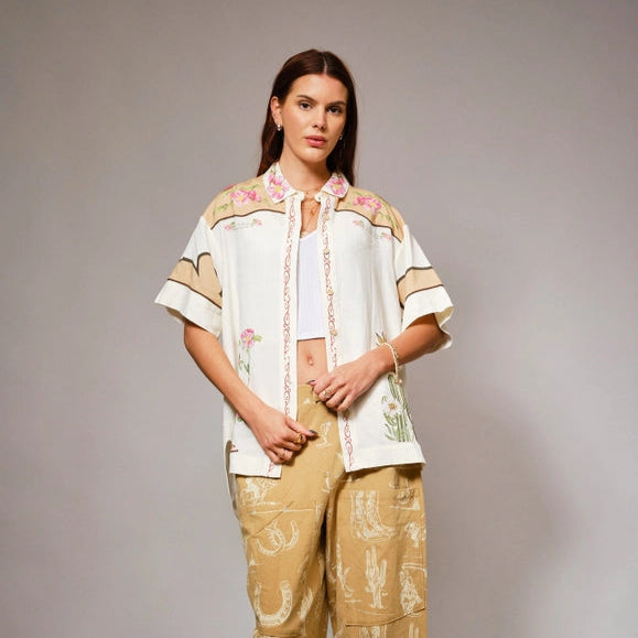 Embroidered Sequin Floral Linen Blouse