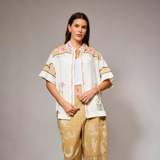 Embroidered Sequin Floral Linen Blouse