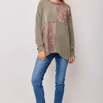 Long Sleeve Color Block & Animal Print Top