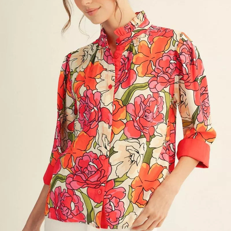 Button Down Floral Top with Solid Contrast Accent