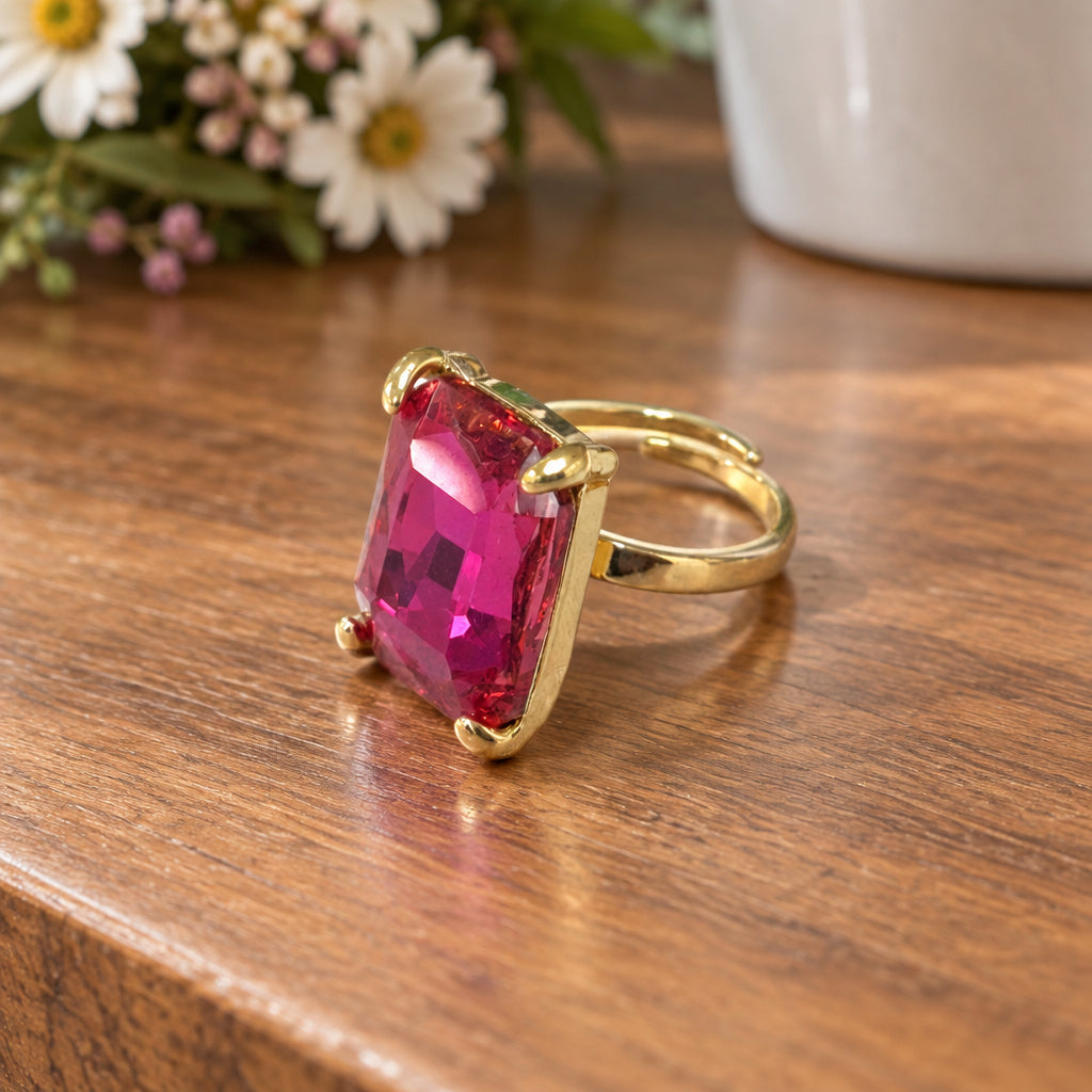 Hot Pink Rectangle Stone Adjustable Ring