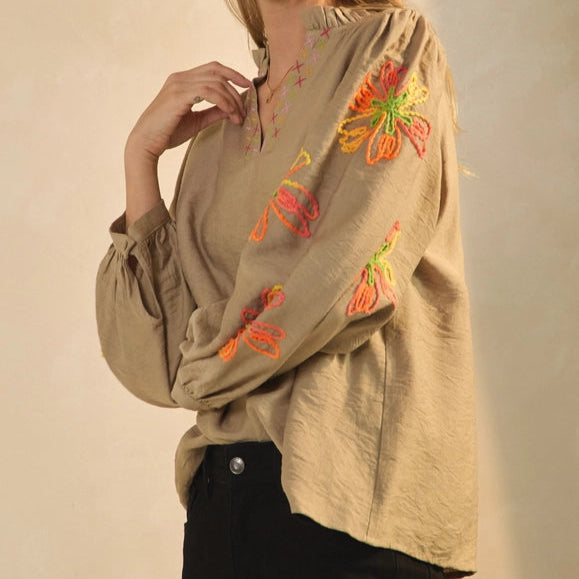 Textured Blouse with Floral Embroidery