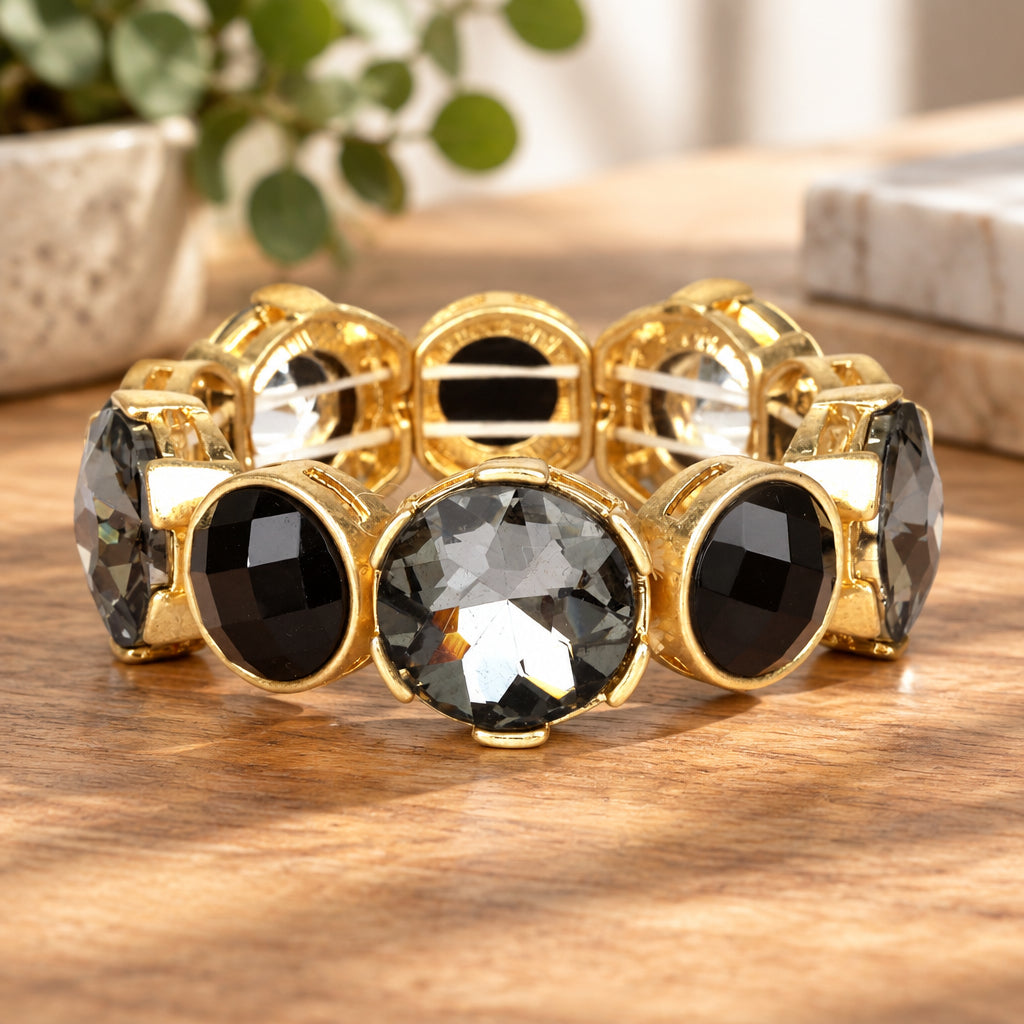 Black Crystal and Black Diamond with Gold Stretch Bracelets