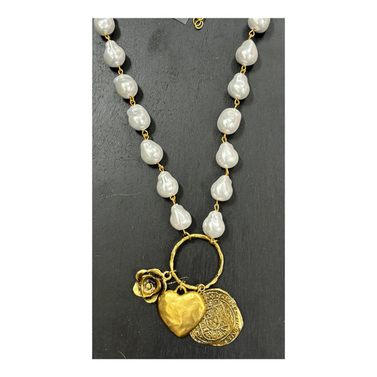 Mother of Pearl Necklace with Antique Gold Pendants