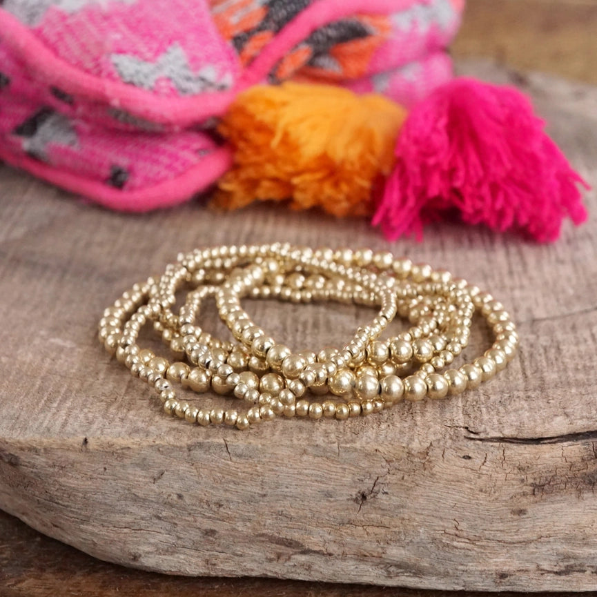 Multi Size Beaded Bracelet Stack Bracelets- Worn Gold Tone