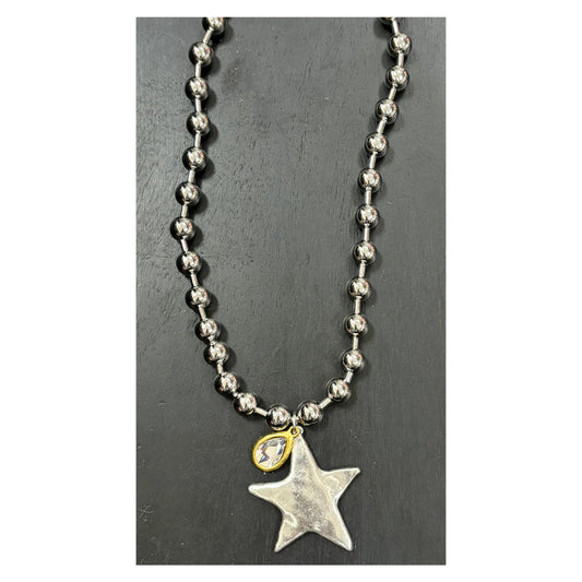 Silver Bead Ball with Star and Gold Crystal Teardrop Necklace