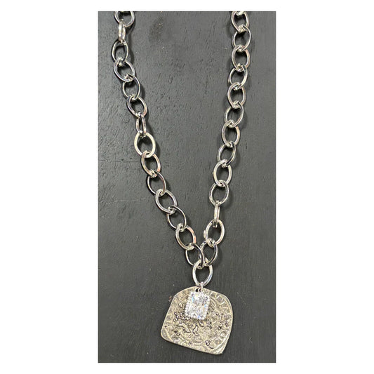 Chain Necklace with Crystal Pave' and Silver Pewter Pendant