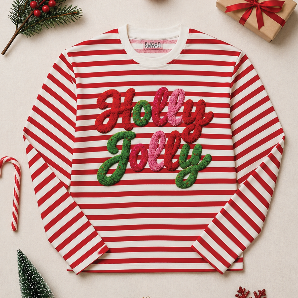 Holly Jolly Yarn Christmas Graphic Long Sleeve Striped Edgy Shirt