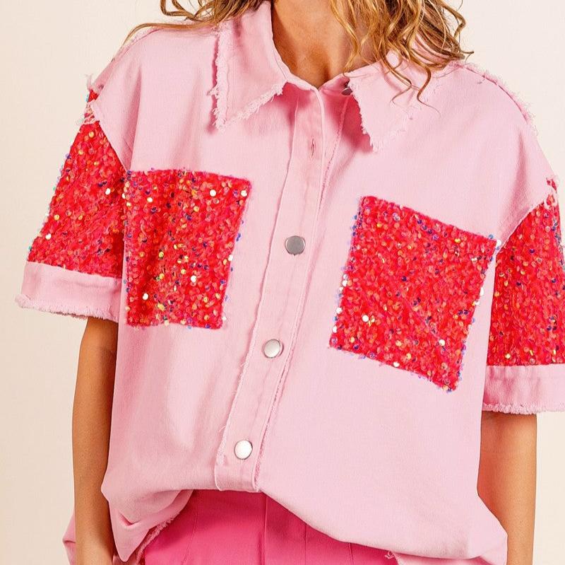 Sequined Adorned Raw Edge Short Sleeve Shirt Top