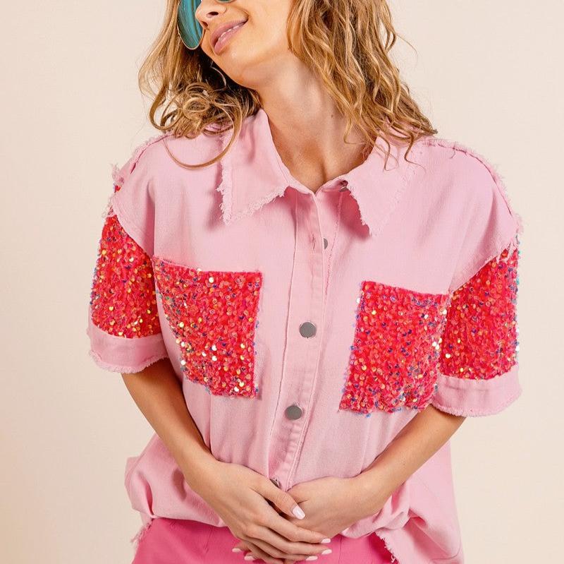 Sequined Adorned Raw Edge Short Sleeve Shirt Top