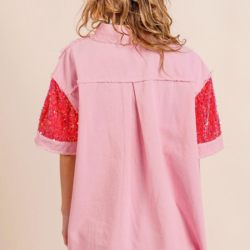 Sequined Adorned Raw Edge Short Sleeve Shirt Top