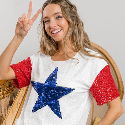 Sequined Adorned Star Short Sleeved Top