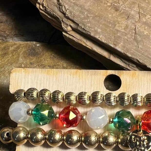 Gold Bead with Green, Red Orange & White Acrylic Bead Stretch Bracelet
