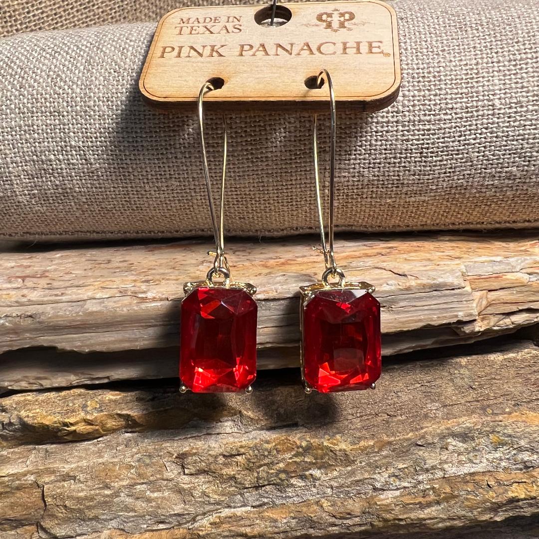 Red Rectangle Rhinestone on Gold Wire Earrings