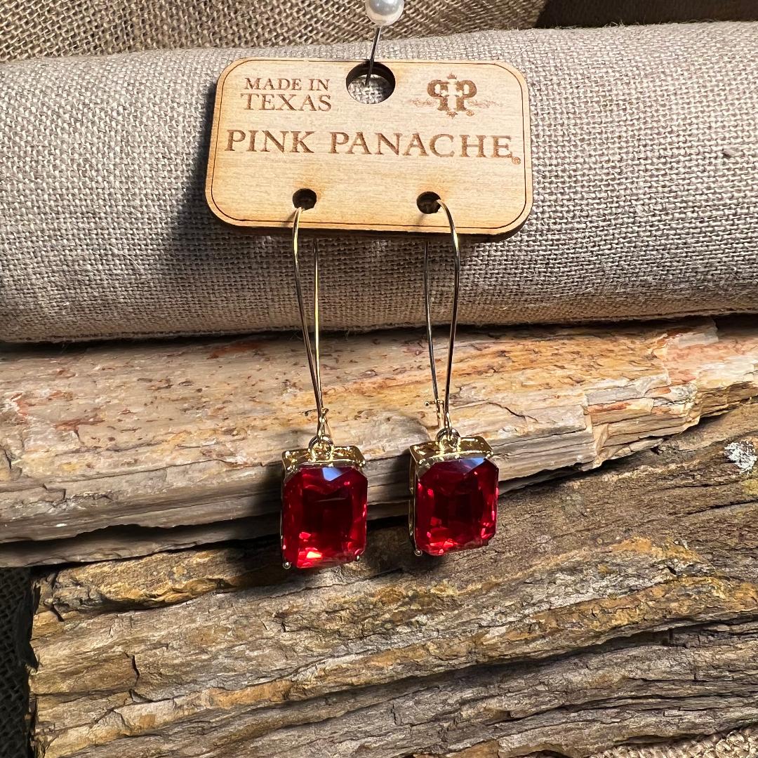 Red Rectangle Rhinestone on Gold Wire Earrings