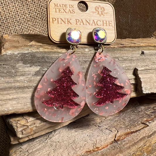 Pink Acrylic Christmas Tree Teardrop Glitter Earrings