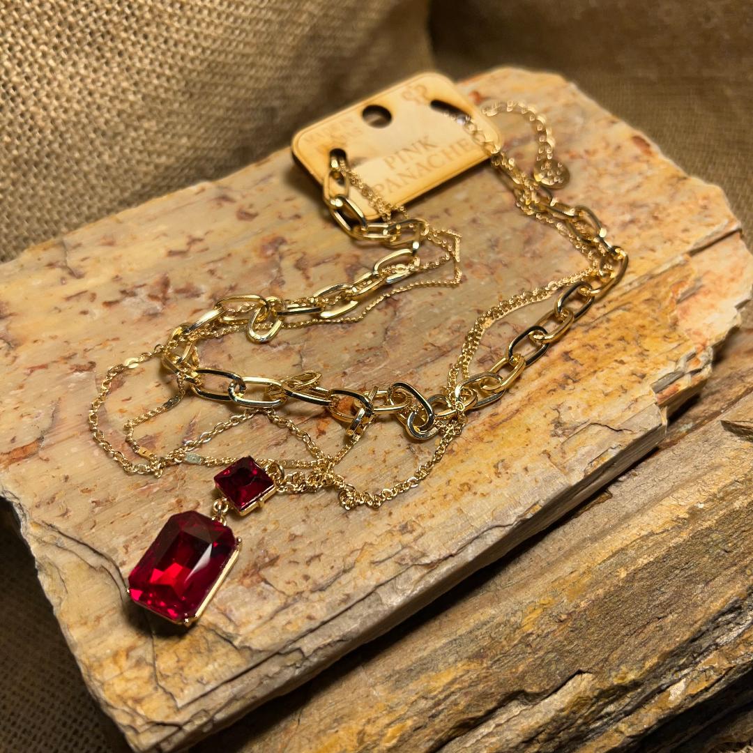 Double Red Rectangle and Square Rhinestone Triple Gold Chain Necklace