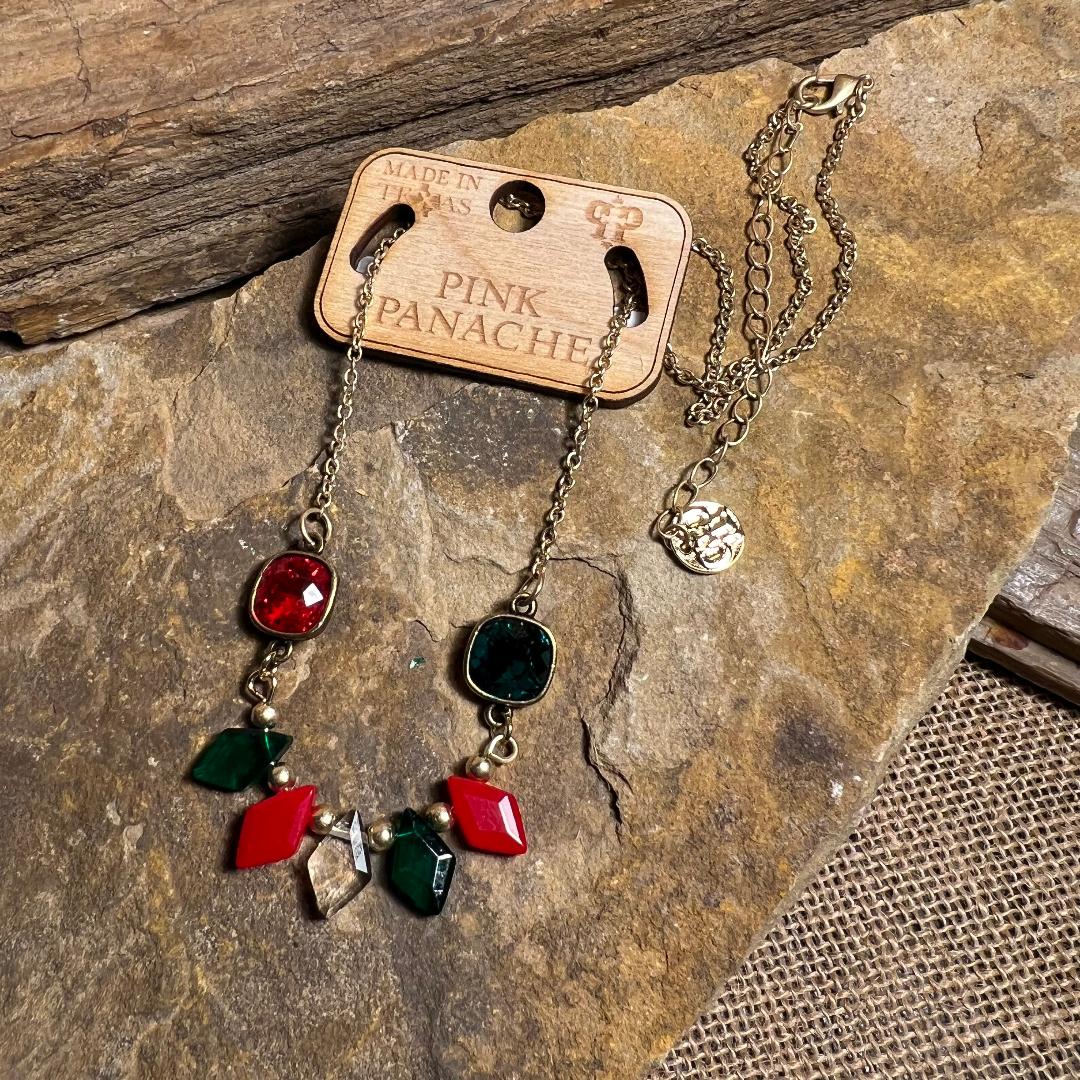 Red, Green & Gold Diamond Bead Necklace