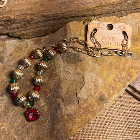 Red, Green & Gold  Bead Necklace