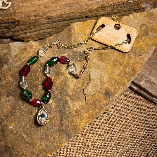 Red, Green & Clear Bead Gold Necklace