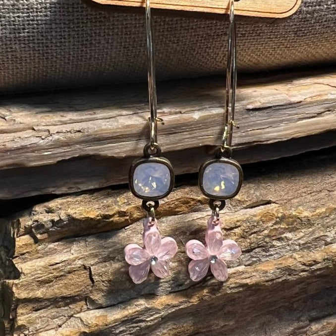Pink & Gold Wire Flower Earrings