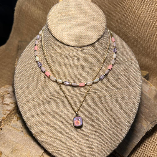 Gold & Pink Bead Chain Necklace