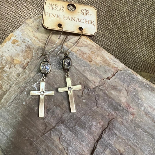 Clear Crystal Gold Cross Earrings