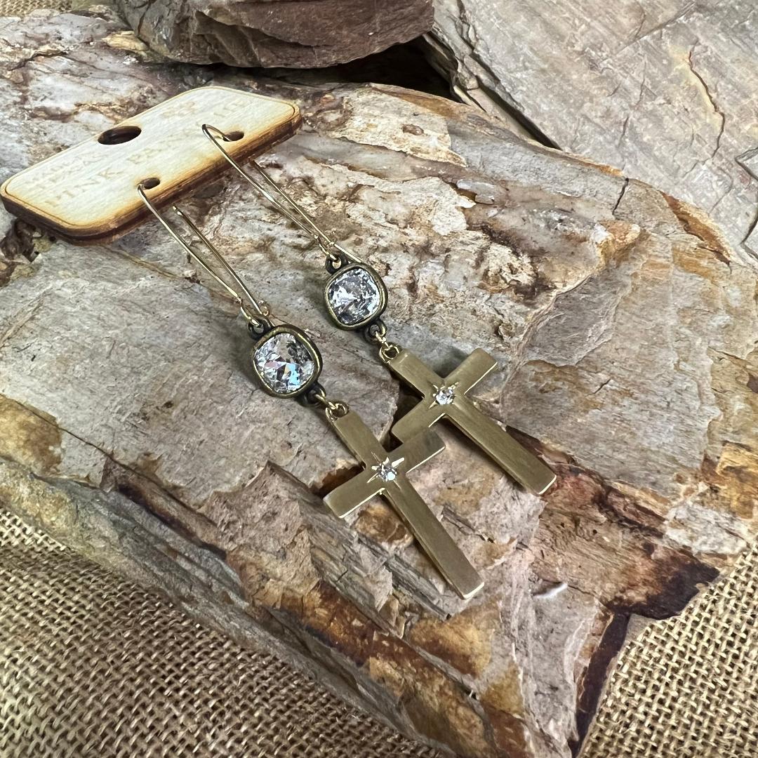 Clear Crystal Gold Cross Earrings