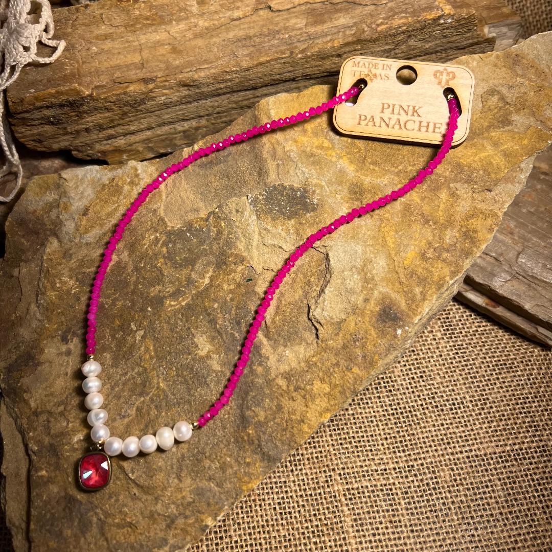 Hot Pink & Pearl Bead Necklace