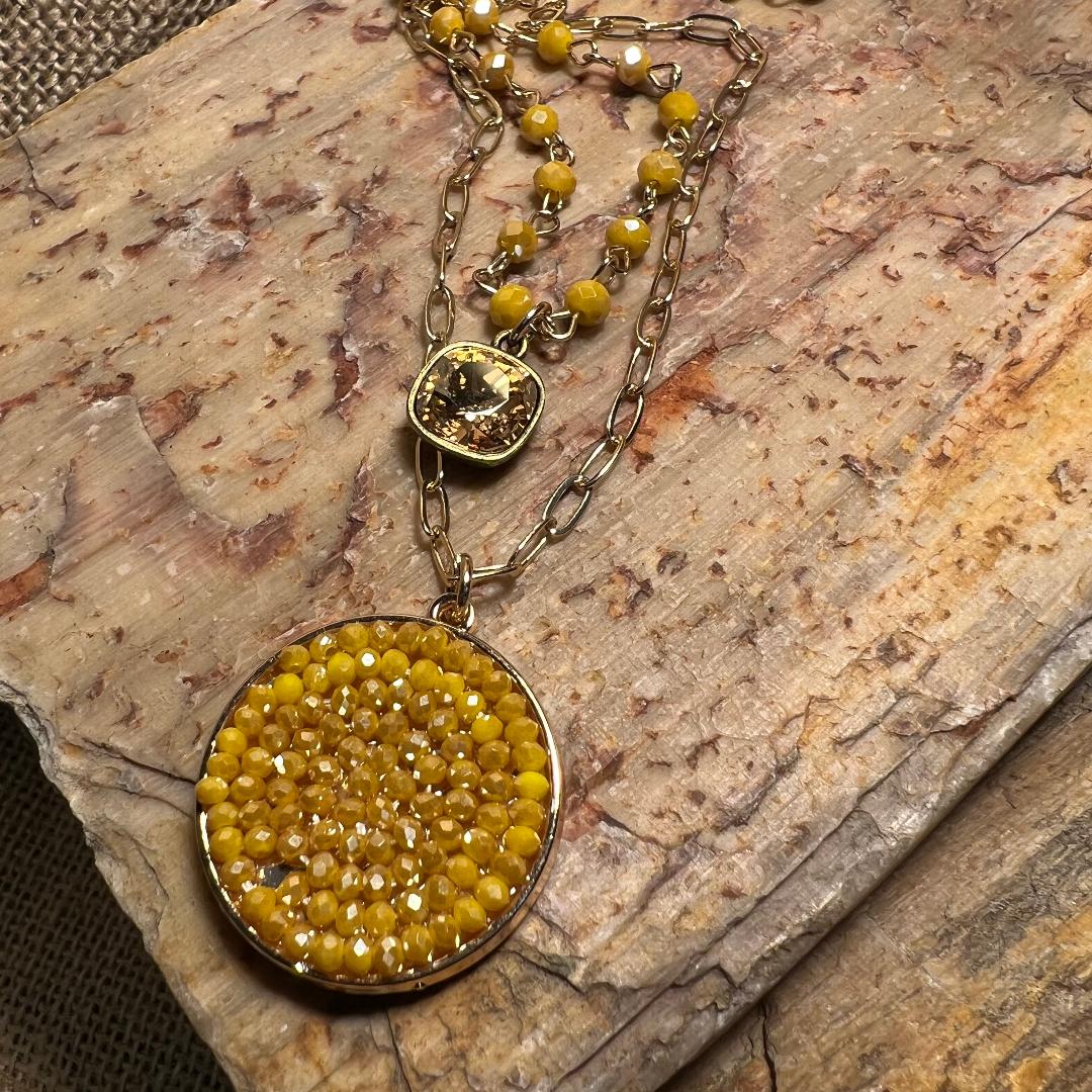 Mustard Crystal Beads & Gold Paperclip Chain Necklace