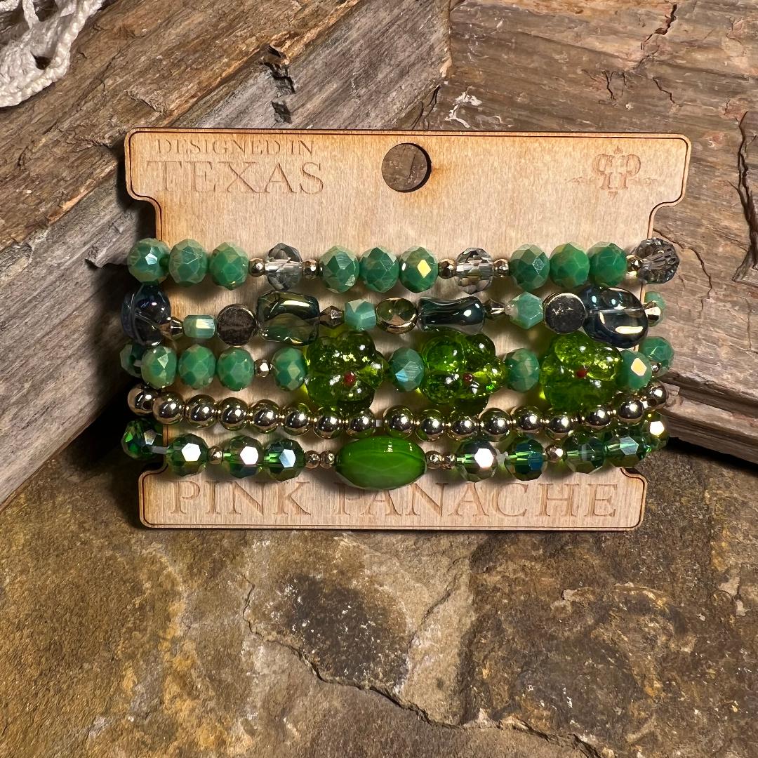 Green and Gold Bead with Flowers Stretch Bracelet