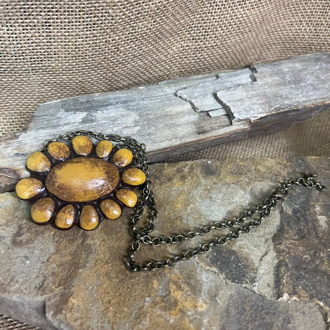 Vintage Mustard Buffalo Polymer Clay Squash Blossom Necklace