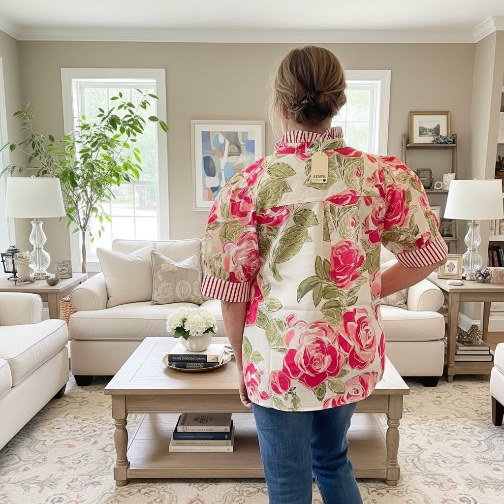 Short Sleeve Floral Pattern Top with Ruffled Neckline