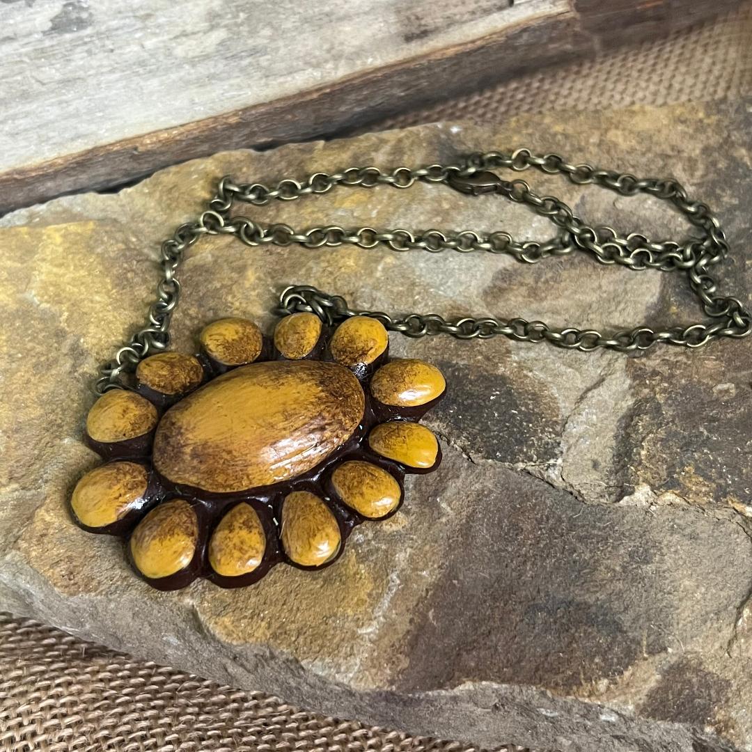 Vintage Mustard Buffalo Polymer Clay Squash Blossom Necklace