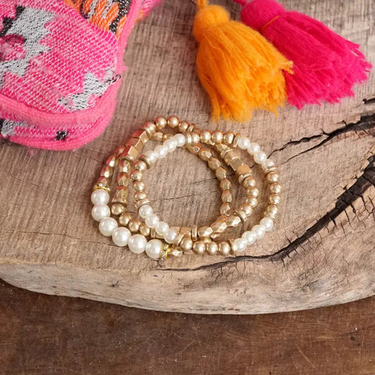 Pearls and Antique Gold Beaded Bracelet Set