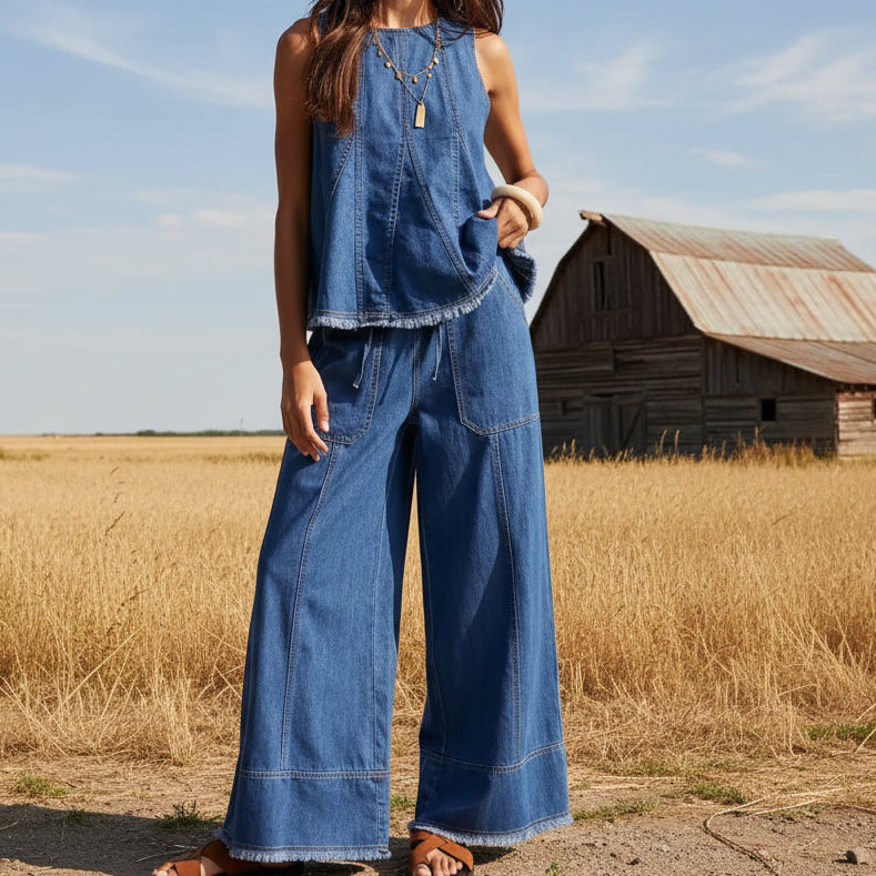 Washed Denim Tank And Wide Leg Pant Set