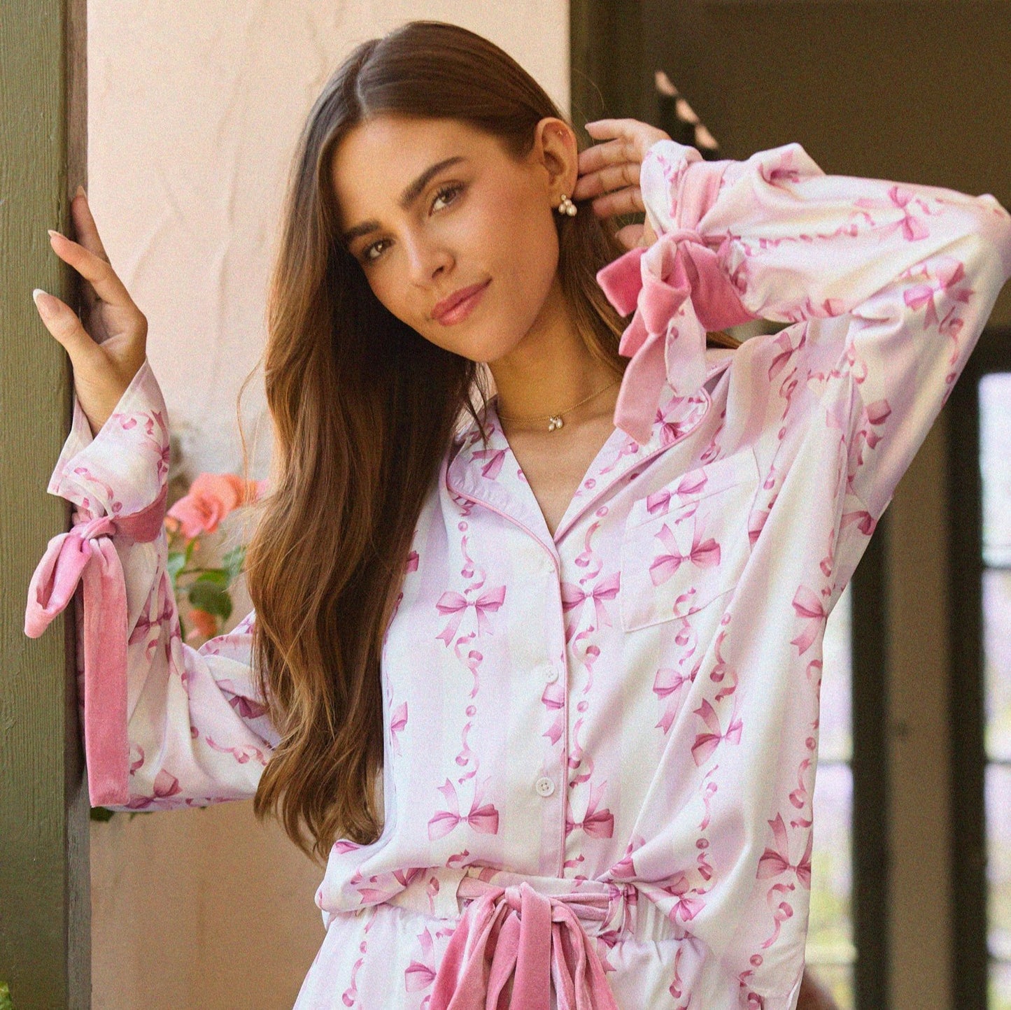 Long Sleeve Satin Pajama Top With Bows...Top Only