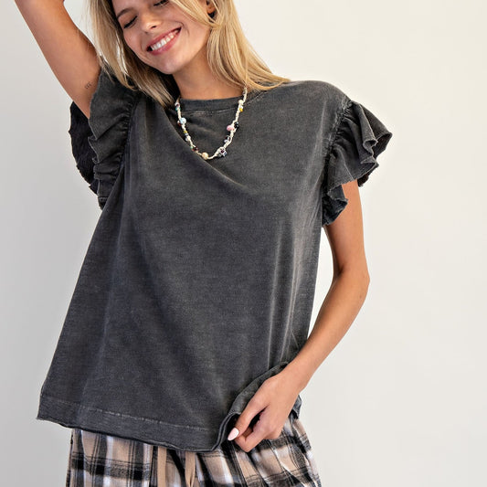 Wing Sleeves Cotton Slub Mineral Washed Knit Top