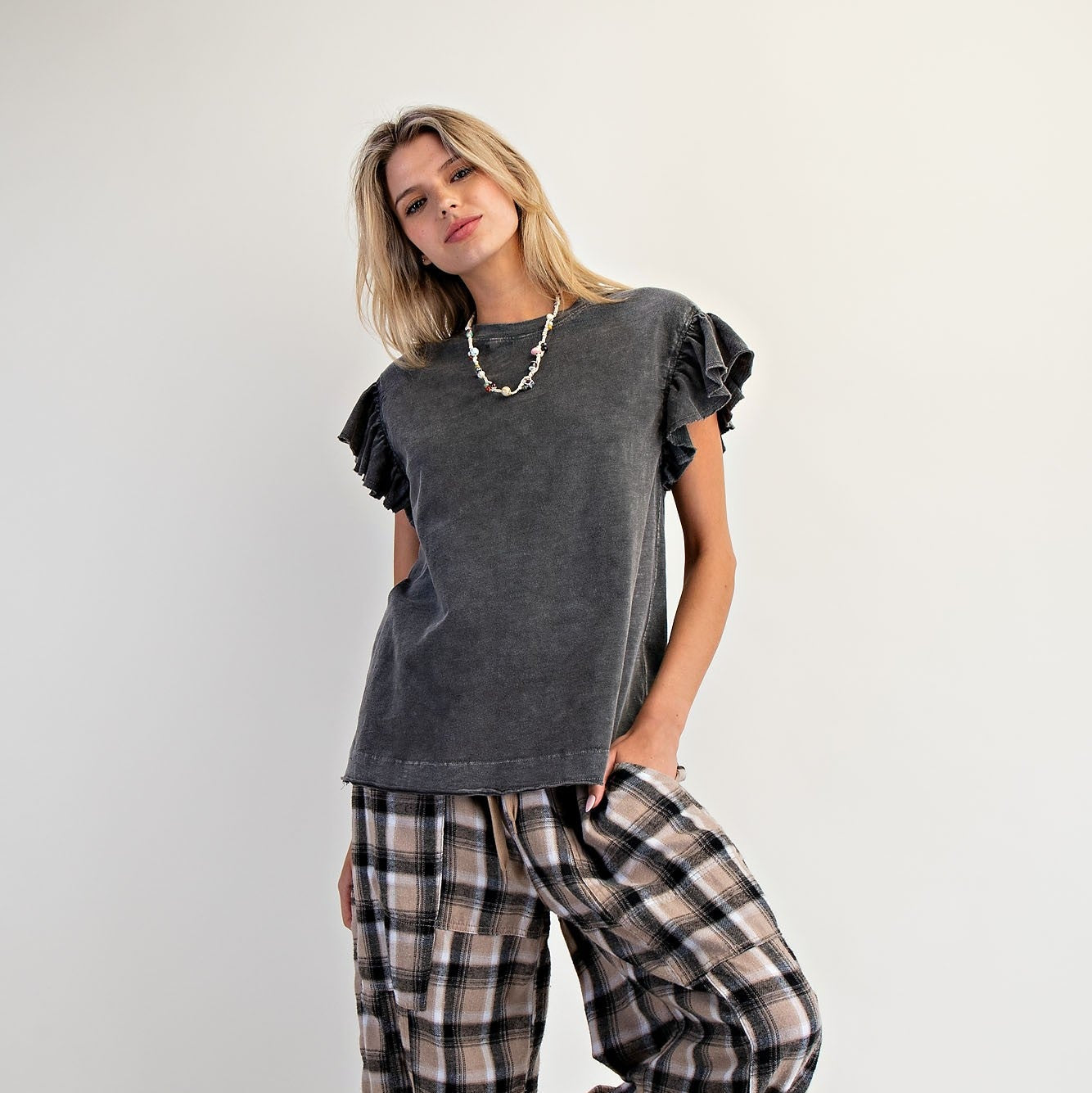 Wing Sleeves Cotton Slub Mineral Washed Knit Top