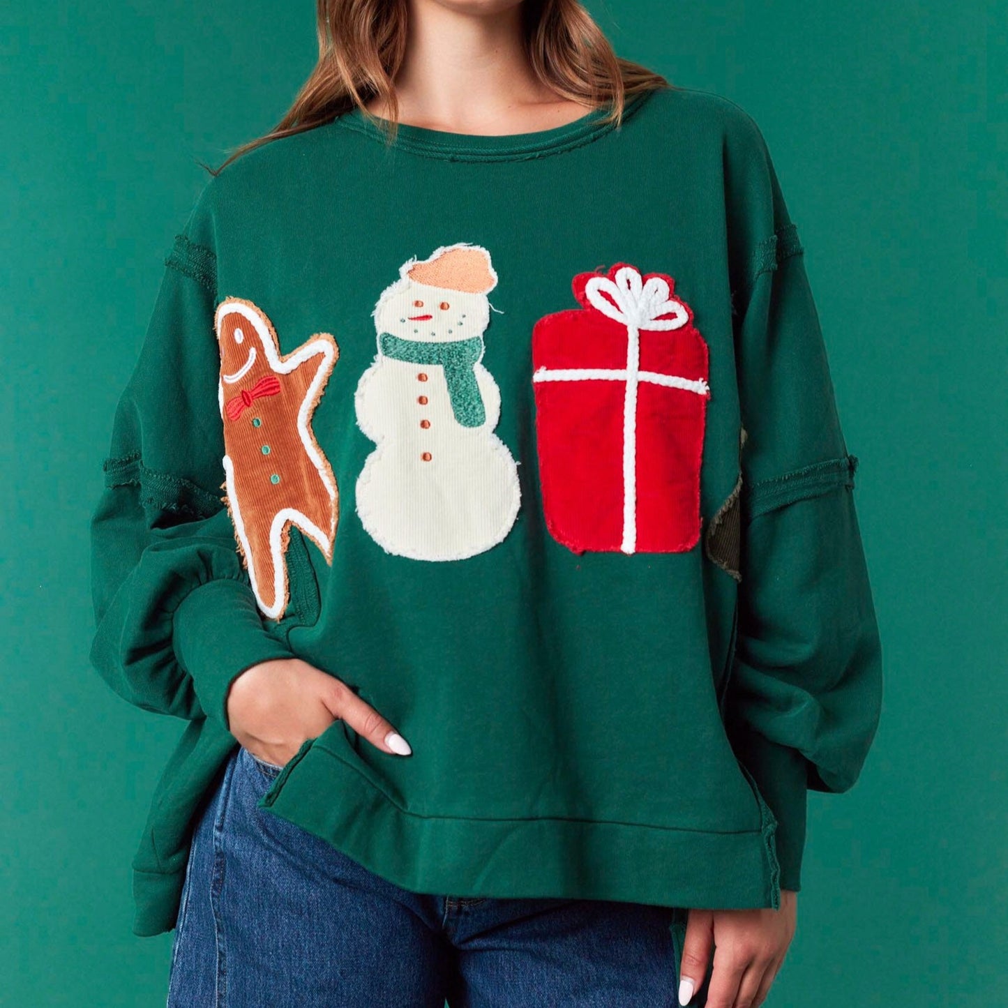 Corduroy Christmas Hunter Green High-low Hem French Terry Sweatshirt