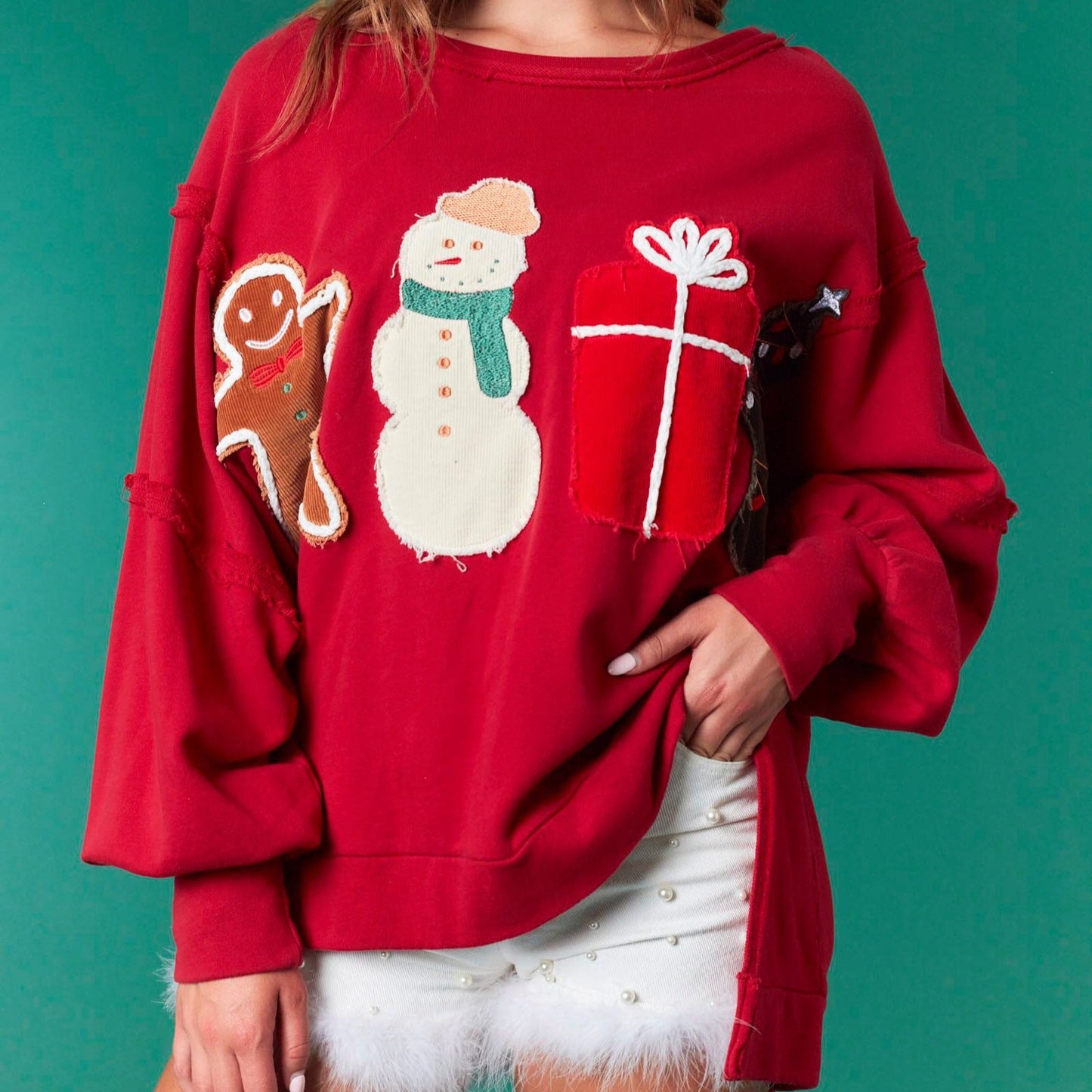 Corduroy Christmas Crimson High-low Hem French Terry Sweatshirt